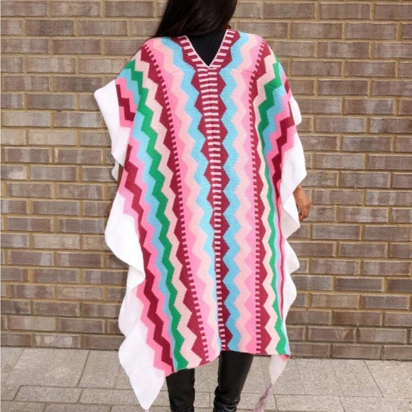 Luxe Plus Size Oversized Chevron Color Block Fringe Ruffle Knit Cape Cover Up - Picture 3 of 8